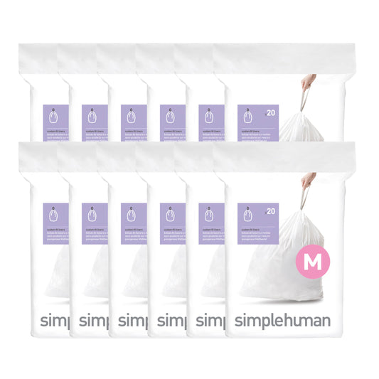simplehuman Code M 240 Count, Genuine Custom Fit Liners, Drawstring Trash Bags in Dispenser Packs, 45 Liter/12 Gallon