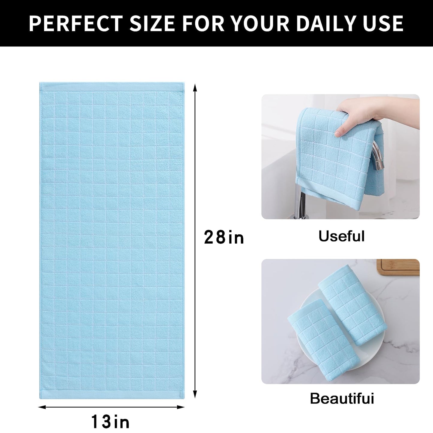 Homaxy 100% Cotton Terry Kitchen Towels(Sky Blue, 13 x 28 inches), Checkered Designed, Soft and Super Absorbent Dish Towels, 8 Pack