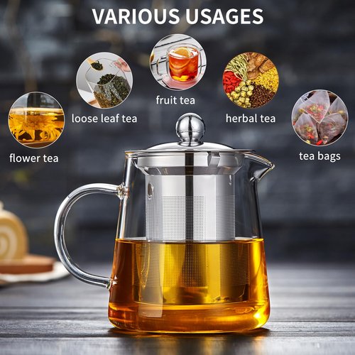 Glass Tea Pot 950ML, Borosilicate Glass Tea Kettle with Detachable Stainless Steel Infuser, Clear Teapot for Loose Leaf Tea, Blooming Tea, Tea bags 32oz