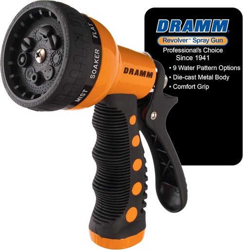 Dramm Revolver Heavy Duty Metal Garden Hose Nozzle - 9 Spray Patterns, Ergonomic Grip, High Pressure - Orange