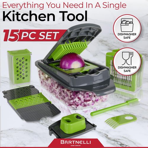 Bartnelli Vegetable Chopper | 15-Piece Multifunctional Kitchen Gadget Set for Easy Veggie Slicing & Grating