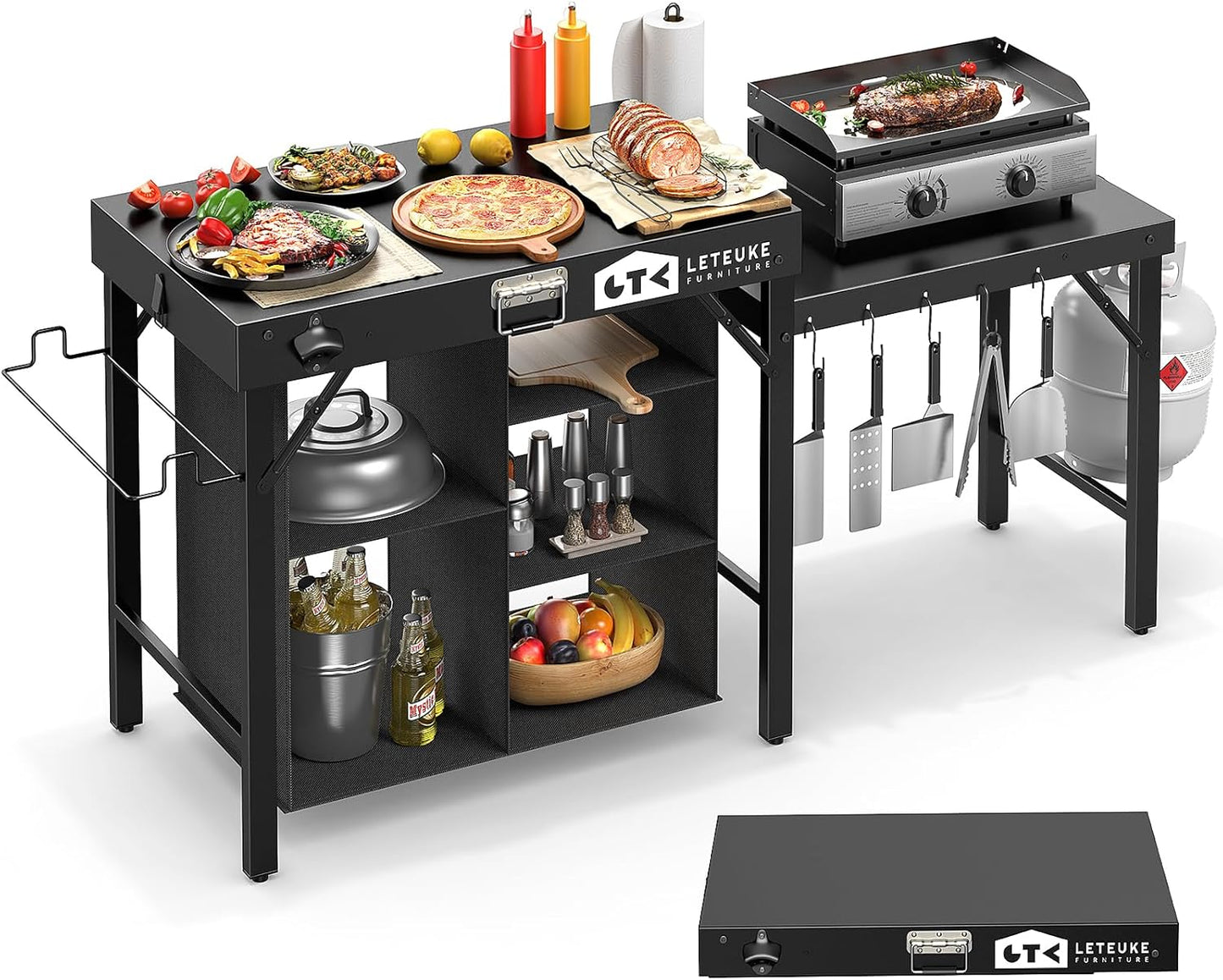 Leteuke Portable Grill Table - Foldable Design with Storage for Blackstone & Ninja Griddles | Perfect for Outdoor BBQs, Camping & Picnics