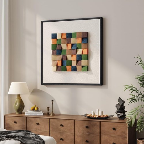 Framed 3D Textured Wood Abstract Wall Art - Boho Colorful Geometric Beige Painting | 24 x 24 Inch for Living Room, Bedroom, Office