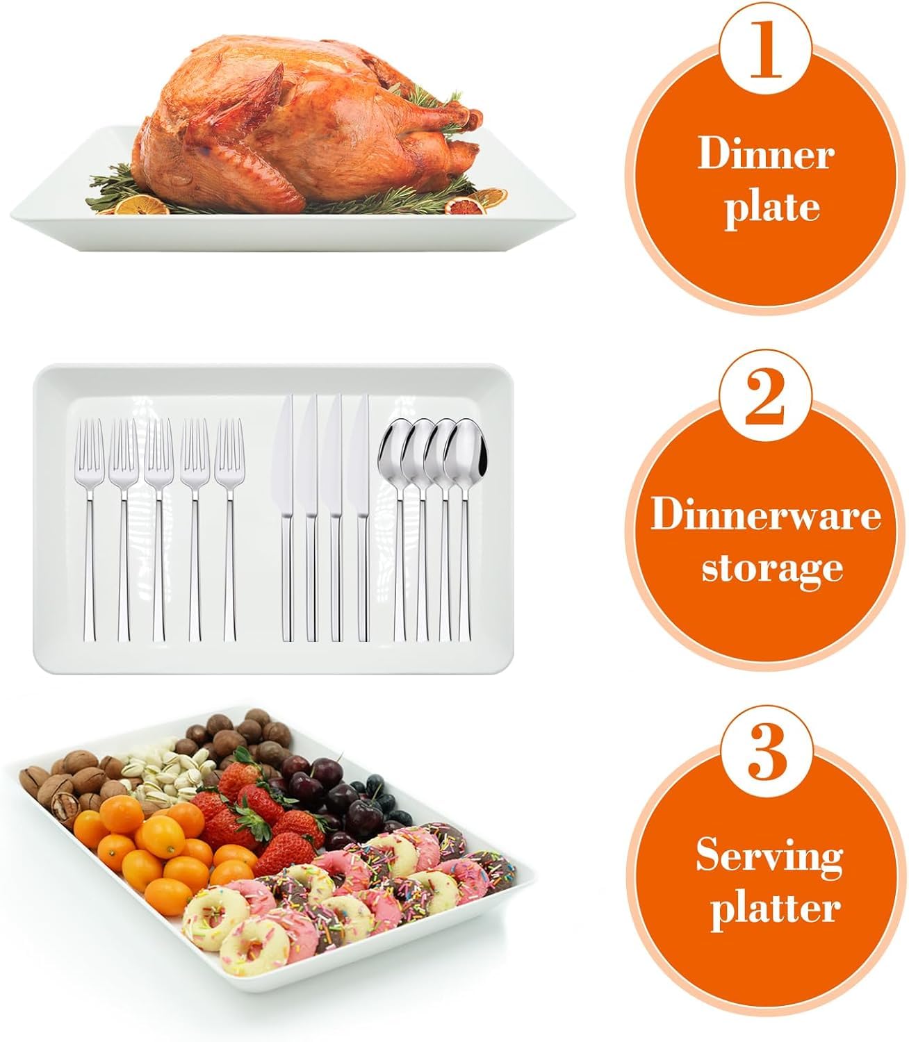 AMGBZT Serving Tray Platter, 4 Pack Food Tray for Veggie Fruit Snack Dessert Cookie Cheese, Food Trays for Party Supplies Display, Plastic Platters for Serving Food, Large White Trays, BPA Free