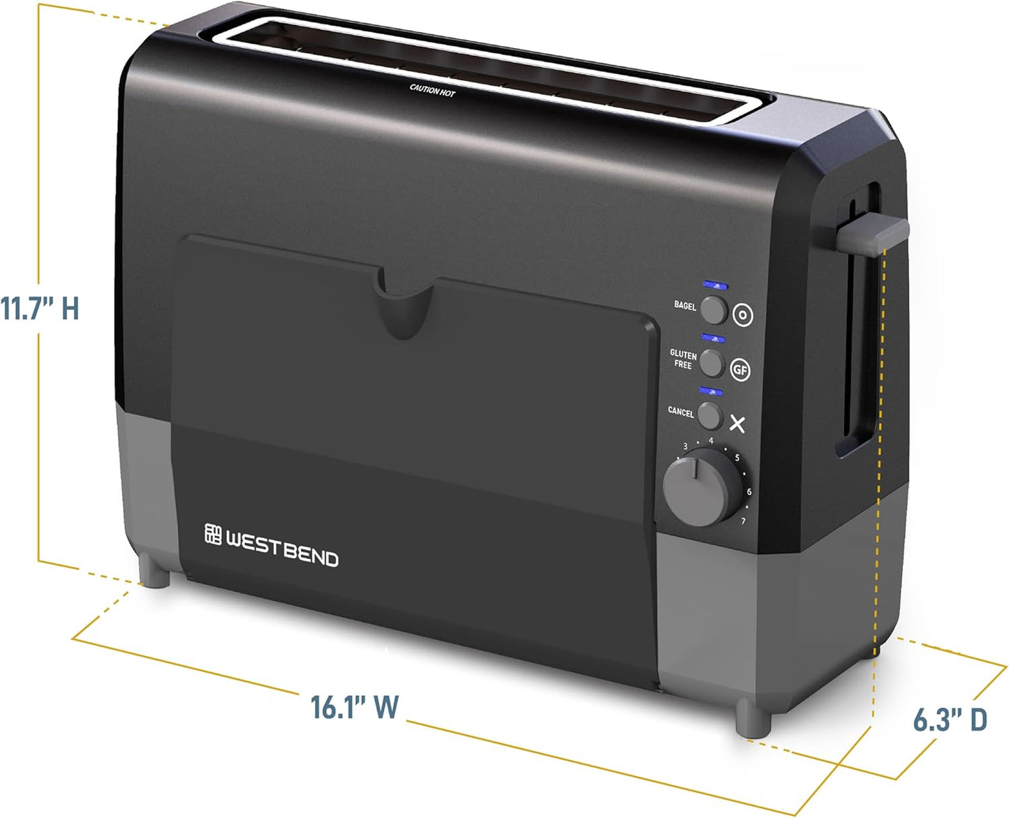 West Bend QuikServe Toaster - 2-Slice Wide-Slot Design with Bagel & Gluten-Free Settings | Black, 1400-Watts