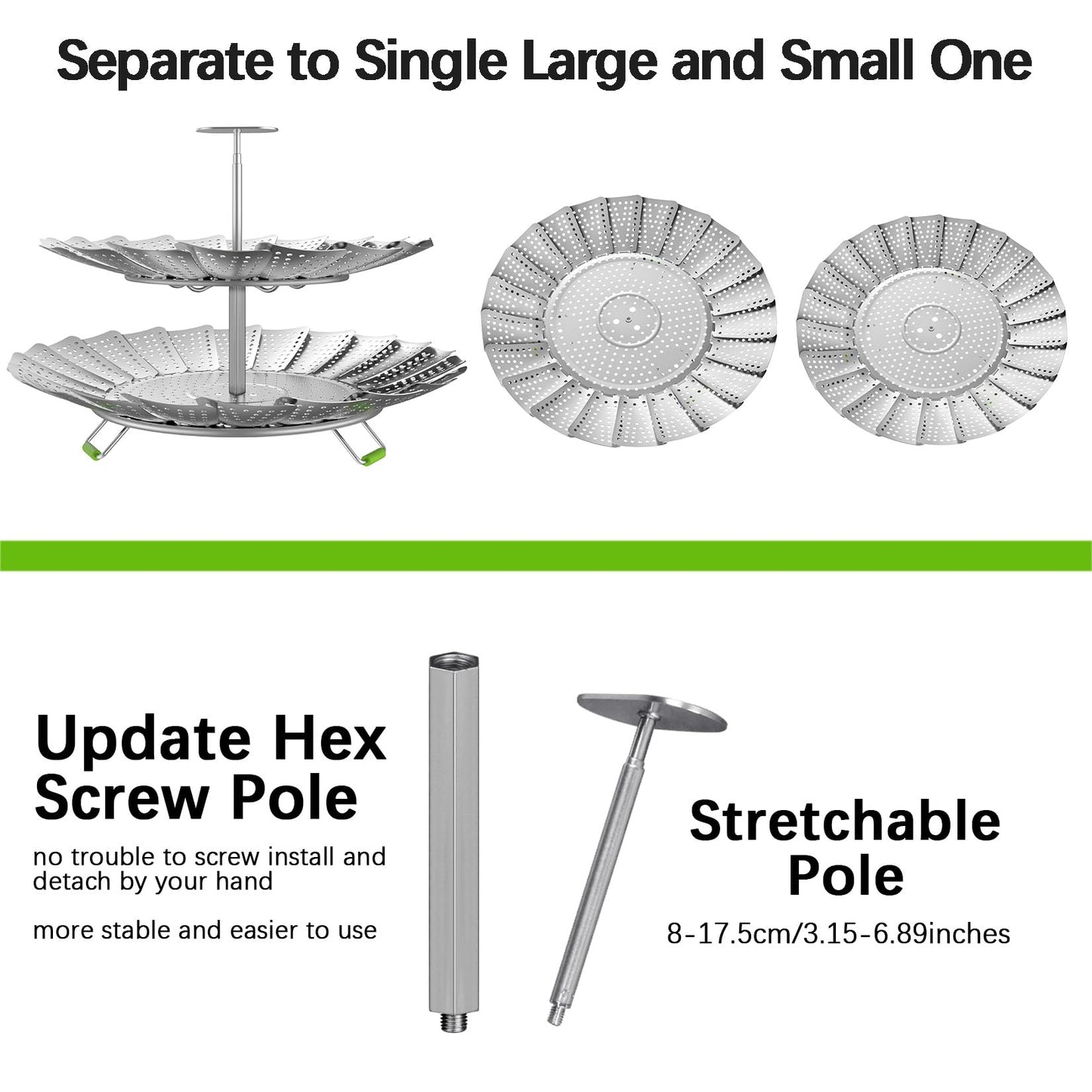 VOGARB Vegetable Steamer Basket for Pot, 2 Layer Separable-Collapsible-Expandable Smooth Edge Stainless Steel for Kitchen and Outdoor Cooking Food