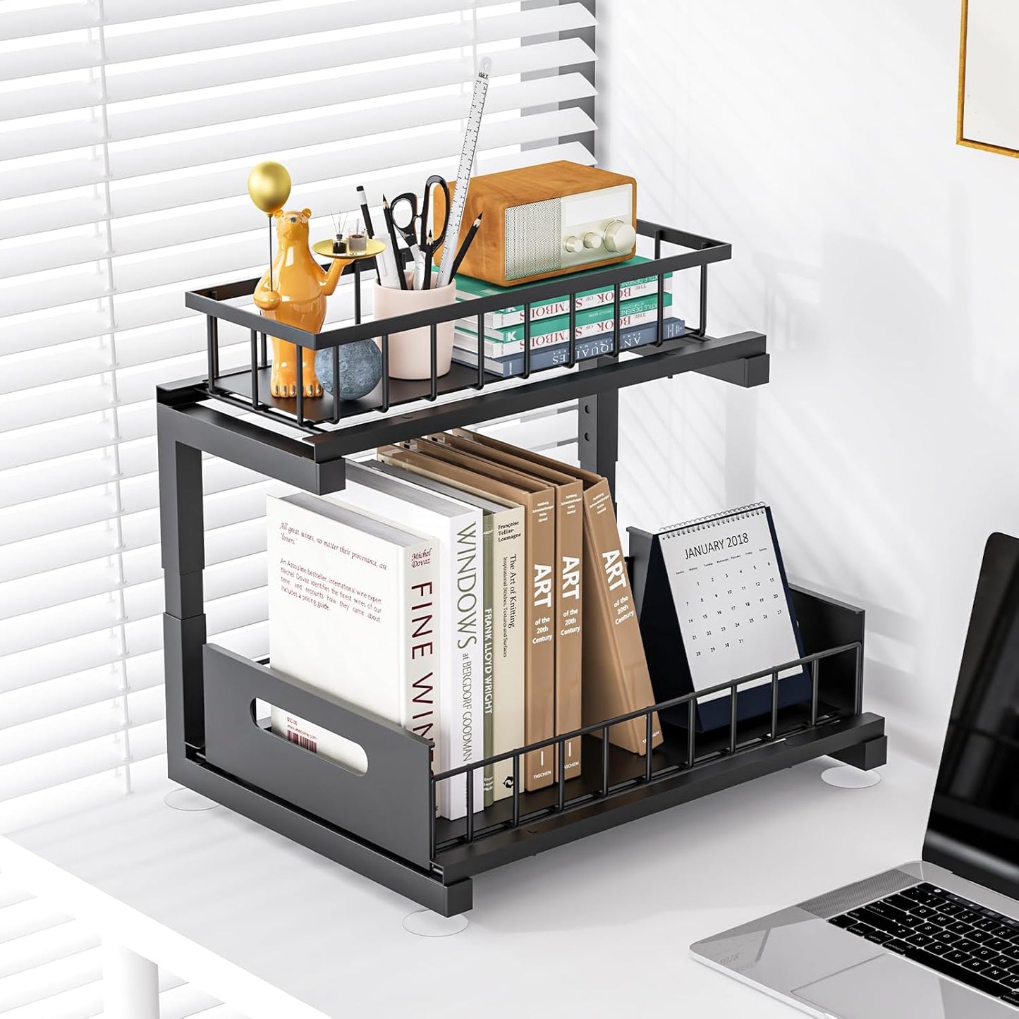 Under Sink Organizer - Skiennix Heavy Duty Metal Pull-Out Cabinet Shelf | Adjustable Multi-Purpose Storage (Black, 1 Pack)