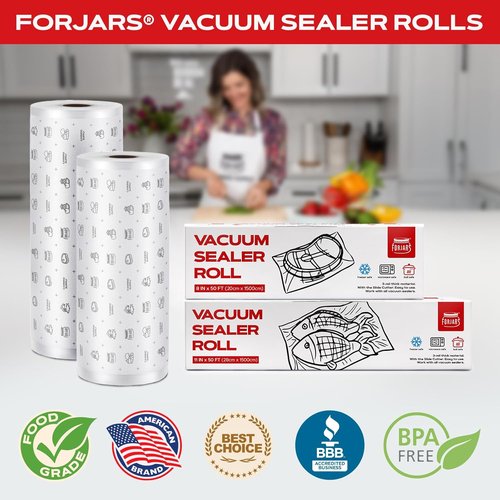 FORJARS Vacuum Sealer Bags Rolls - Airtight Food Storage & Sous Vide Cooking | 7.5 Mil Thickness (8IN x 50FT)