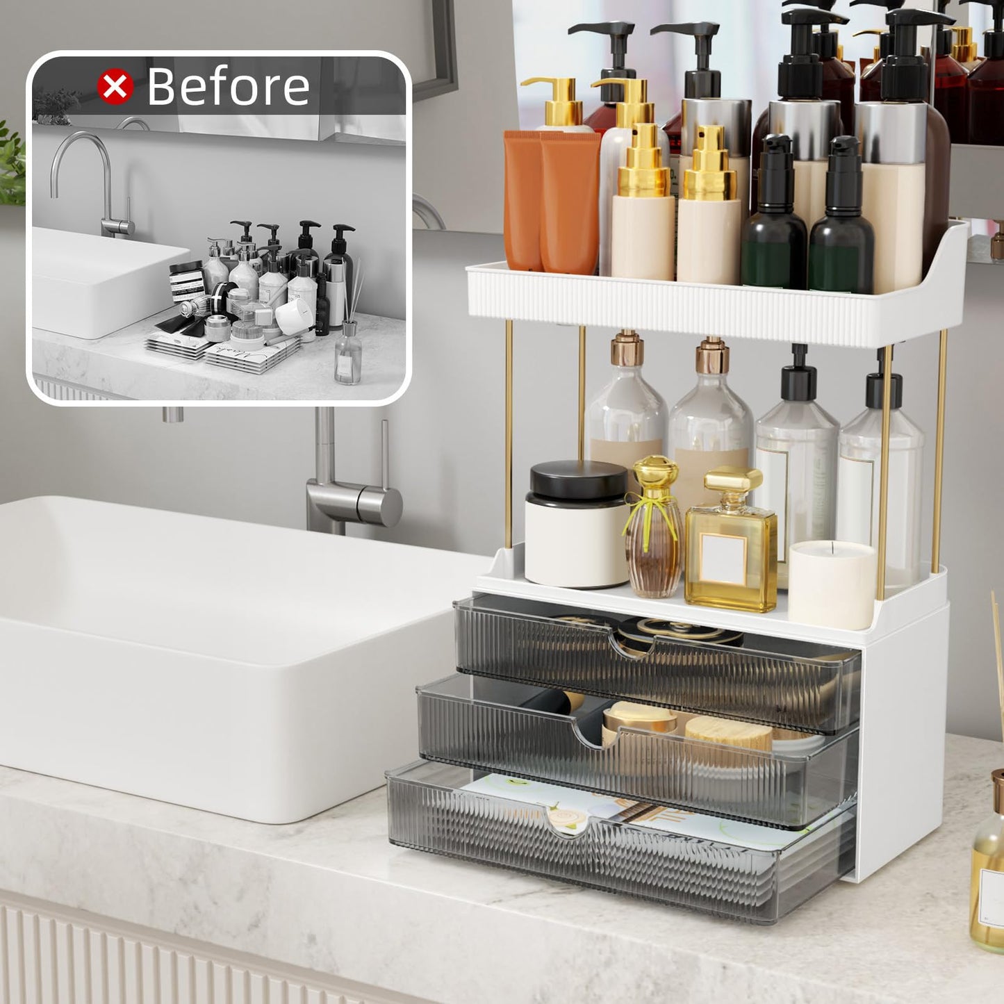 StorBin Strong 3 Drawers Bathroom Counter Organizer, 5 Tier Makeup Organizer, Versatile Perfume Organizer, Ideal for Bathroom Storage, Vanity, Large Skincare, Perfume, Present, Grey