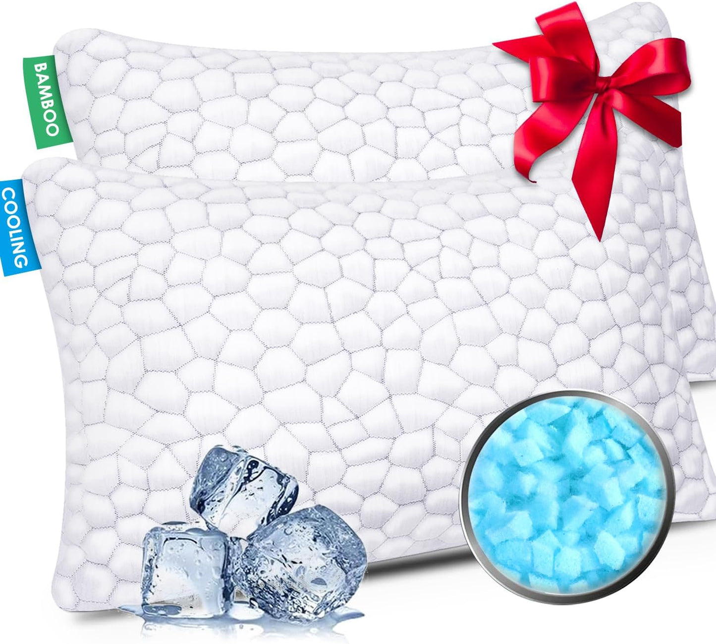 Skiennix Cooling Pillow Set - Adjustable Shredded Memory Foam | Queen Size 2-Pack for All Sleepers