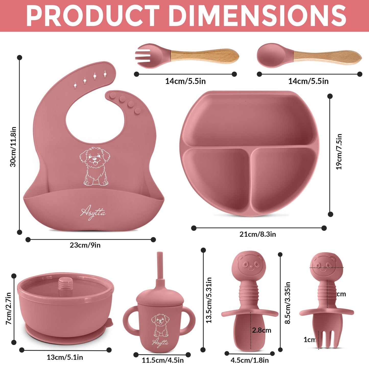 ASYTTA Silicone Baby Feeding Set – 6 Piece BPA-Free Baby Led Weaning Supplies – Toddler Eating Essentials with Baby Bib, Suction Plate, Suction Bowl, Sippy Cup, Forks, & Utensils | 6+ Months (Pink)