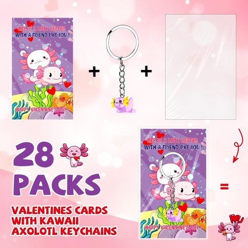HyDren 28 Sets Valentine Axolotl Gifts for Kids Axolotl Keychains with Cards Gift for Valentine School Classroom Exchange Party Favors(Clear,Light Color)