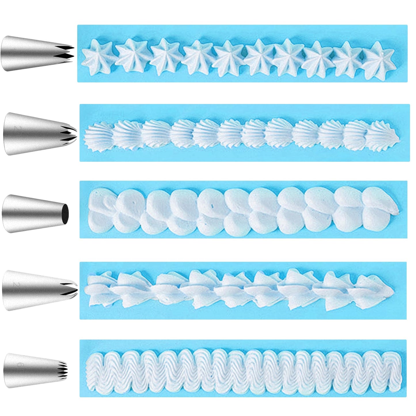 Large Piping Tips Set, Piping Bags and Tips Set 5 PCS Stainless Steel Frosting Tips for DIY Pastry Dough, Cookie, Cupcake, Cake (1M 2D 2F 6B 2A)