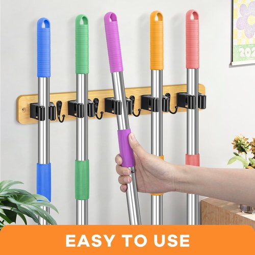 IMILLET Broom Holder Wall Mount - Bamboo Mop and Broom Organizer with 5 Racks & 4 Hooks | Ideal for Home Storage