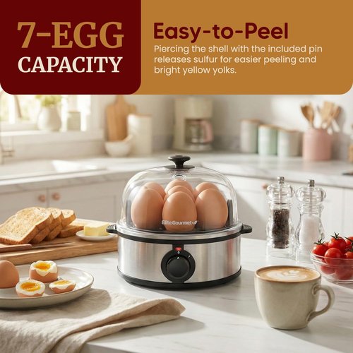 Elite Gourmet Electric Egg Poacher - 7 Egg Capacity with Auto Shut-Off & Measuring Cup, BPA Free, Stainless Steel