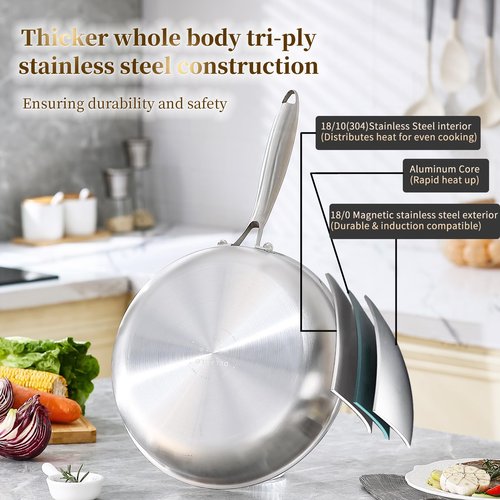 DELARLO Tri-Ply Stainless Steel Pan, 18/10 Frying Pan, Oven Safe Up to 600°F, Nontoxic Cookware, Compatible with All Cooktops Skillet, Durable, Fast Even Heat Fry Pan,8" 10" 12" with lids