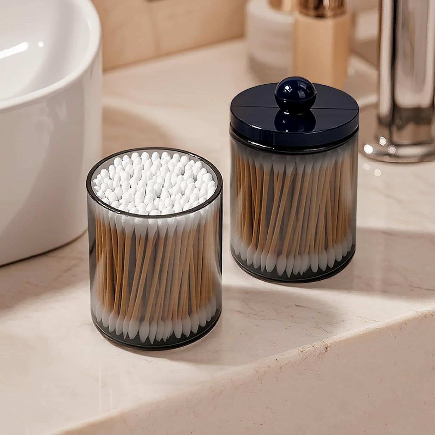 Skiennix 2-Pack Black Plastic Qtip Holder - Stylish Bathroom Organizer for Cotton Swabs & Accessories