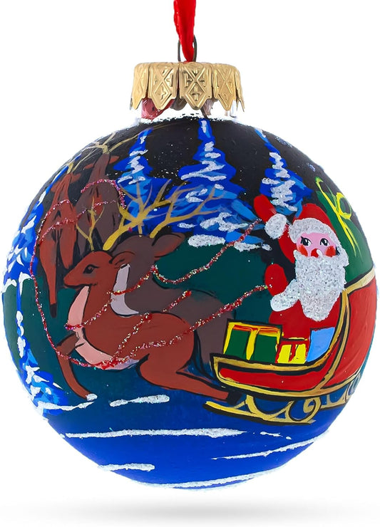 Santa's Sleigh Ride Glass Ornament - 3.25 Inch Reindeer Christmas Decor