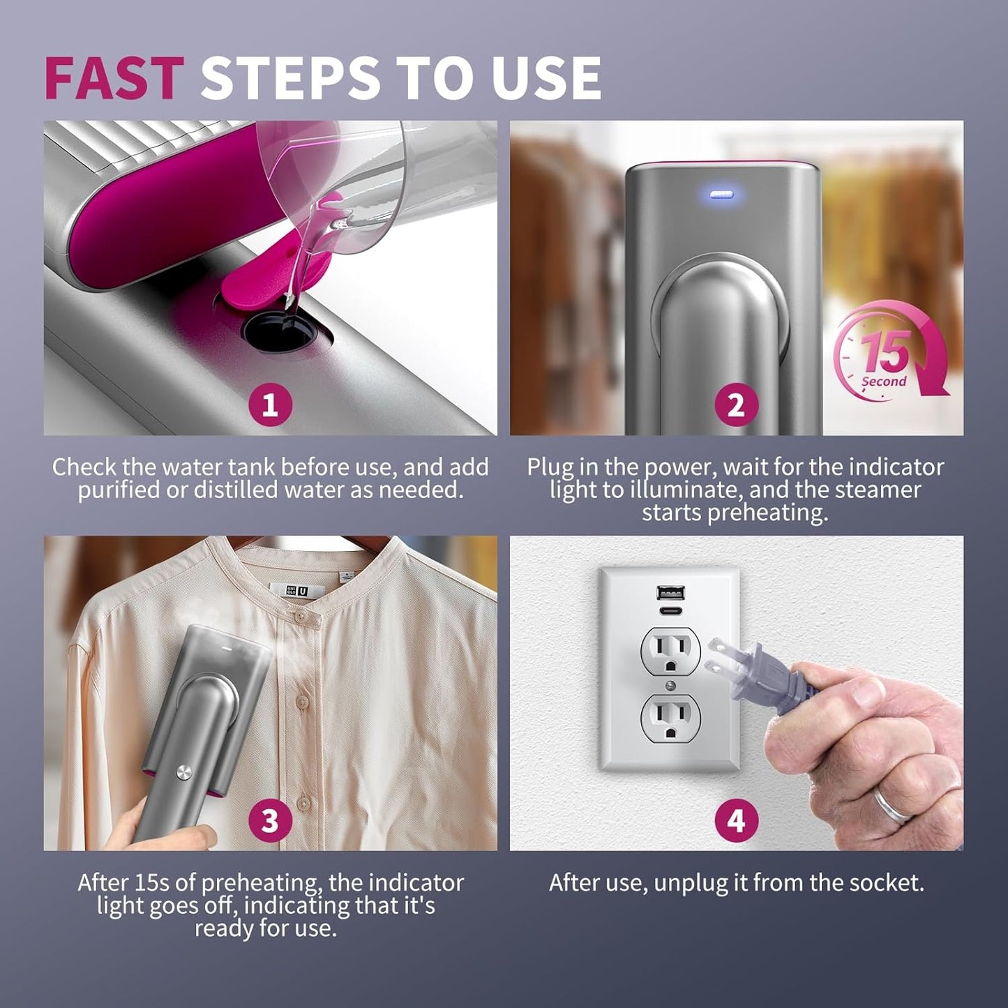Skiennix Portable Garment Steamer - Fast Heat-Up in 15 Seconds | 70ml Water Tank | Silver Gray