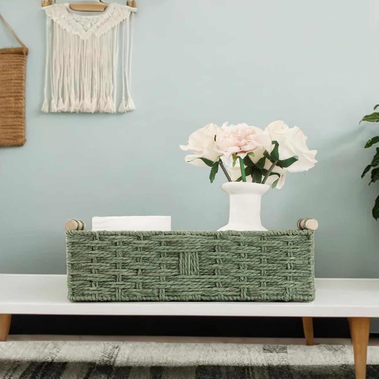 Regine Switzerland Toilet Paper Storage Basket - Decorative Wicker Design with Wooden Handles | Green Paper Rope for Bathroom Decor