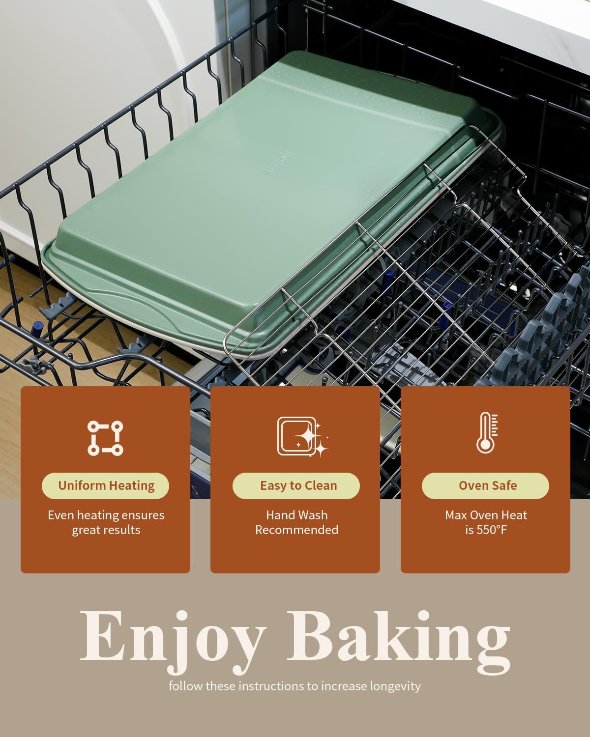 Nonstick Crisp Baking Tray - Ceramic Coating Jelly Roll Cookie Sheet Pan | 15x10, Oven Safe 550°F, PTFE & PFOA Free, Pistachio Green