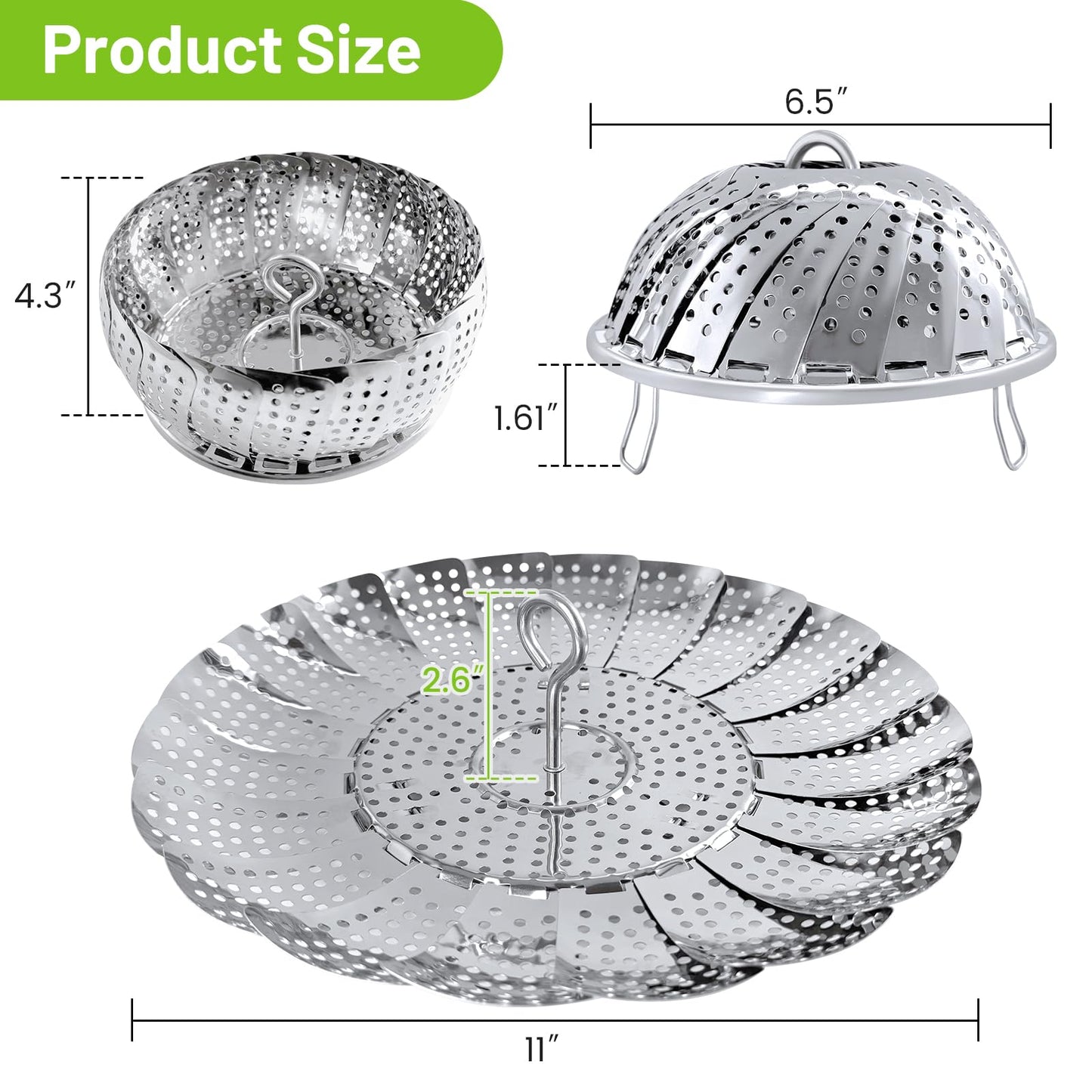 Sayfine Vegetable Steamer Basket, Premium Stainless Steel Veggie Steamer Basket - Folding Expandable Steamers to Fits Various Size Pot (Extra Large (6.5" to 11"))