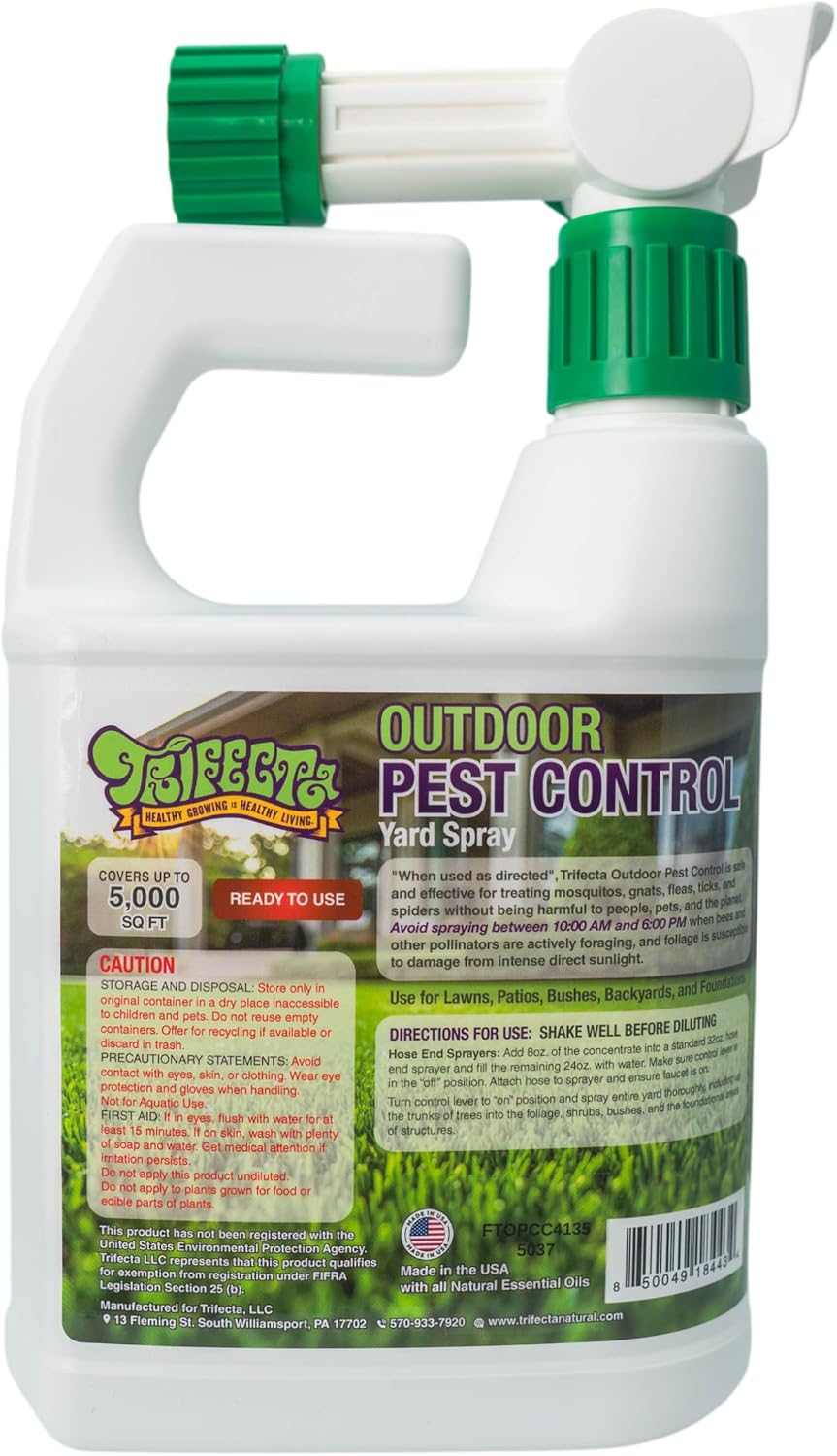 Trifecta Natural Outdoor Pest Control Yard Spray - Essential Oils Mosquito, Ant, Flea & Tick Killer | Safe for Kids & Pets | 32oz