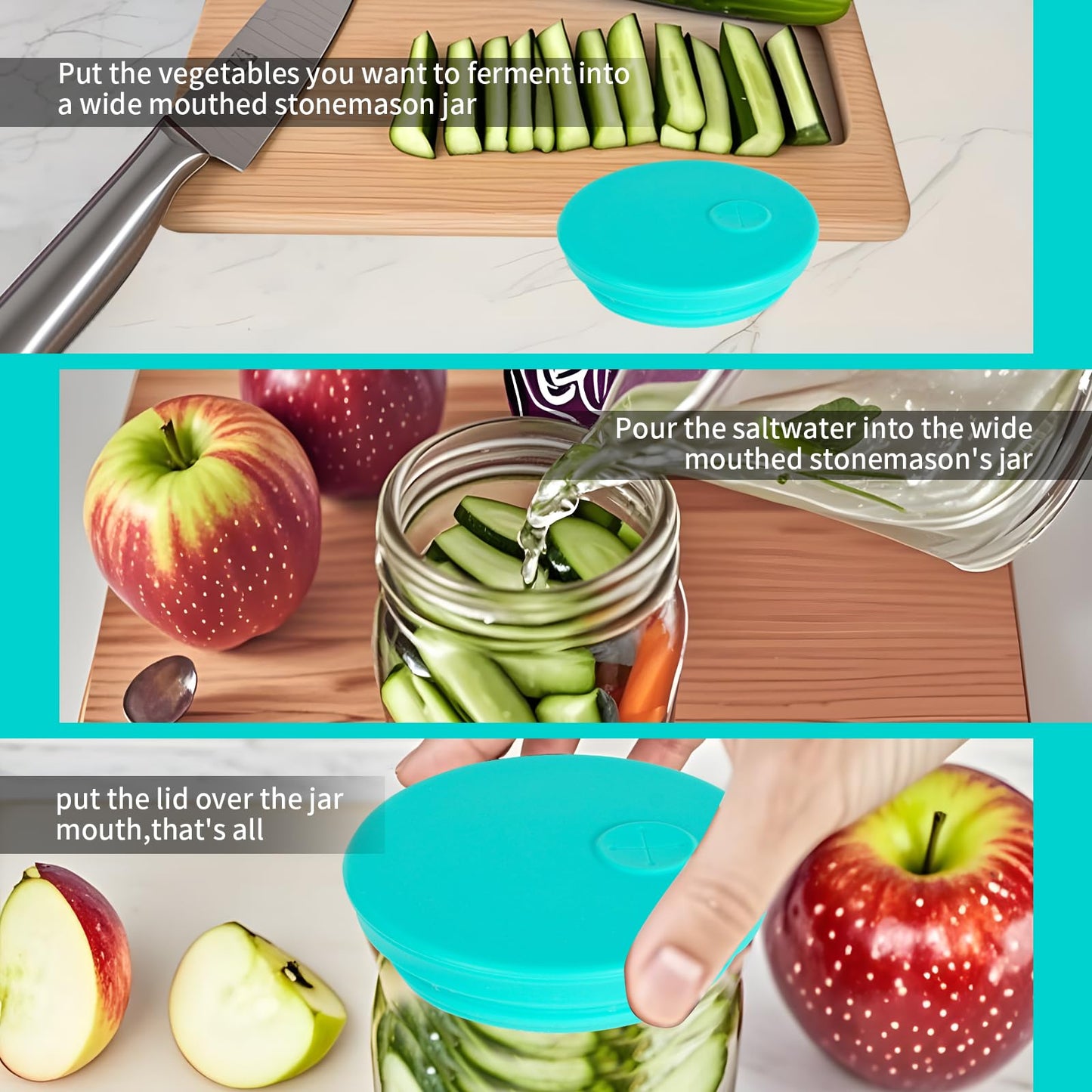 Kinggrand Kitchen Silicone Fermenting Lids Waterless Airlock Fermentation Tops Wide Mouth Mason Jar Lid Fermenter Caps for Pickles, Kimchi, and Fermented Probiotic Food 3 Pack Mint (Jars Not Included)
