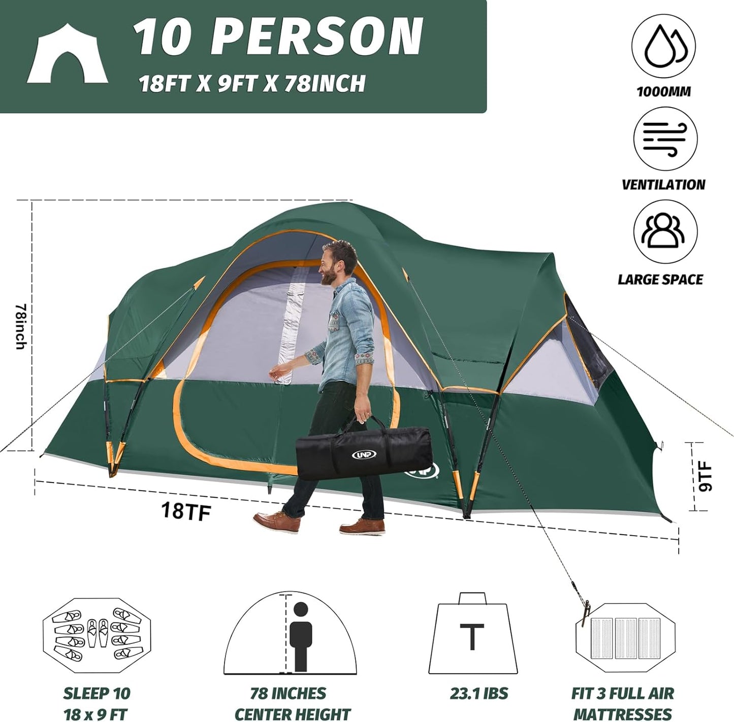 UNP Camping Tent - Spacious 10-Person Family Tent with 5 Large Mesh Windows | Waterproof & Weather Resistant, 18ft x 9ft x 78in