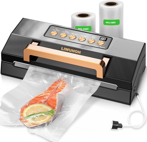 **Powerful Vacuum Sealer Machine by [Brand Name] - Commercial Grade with Double Heat Seal | Easy-Lock Handle & Built-in Cutter, Includes 2 Bag Rolls (Black)**