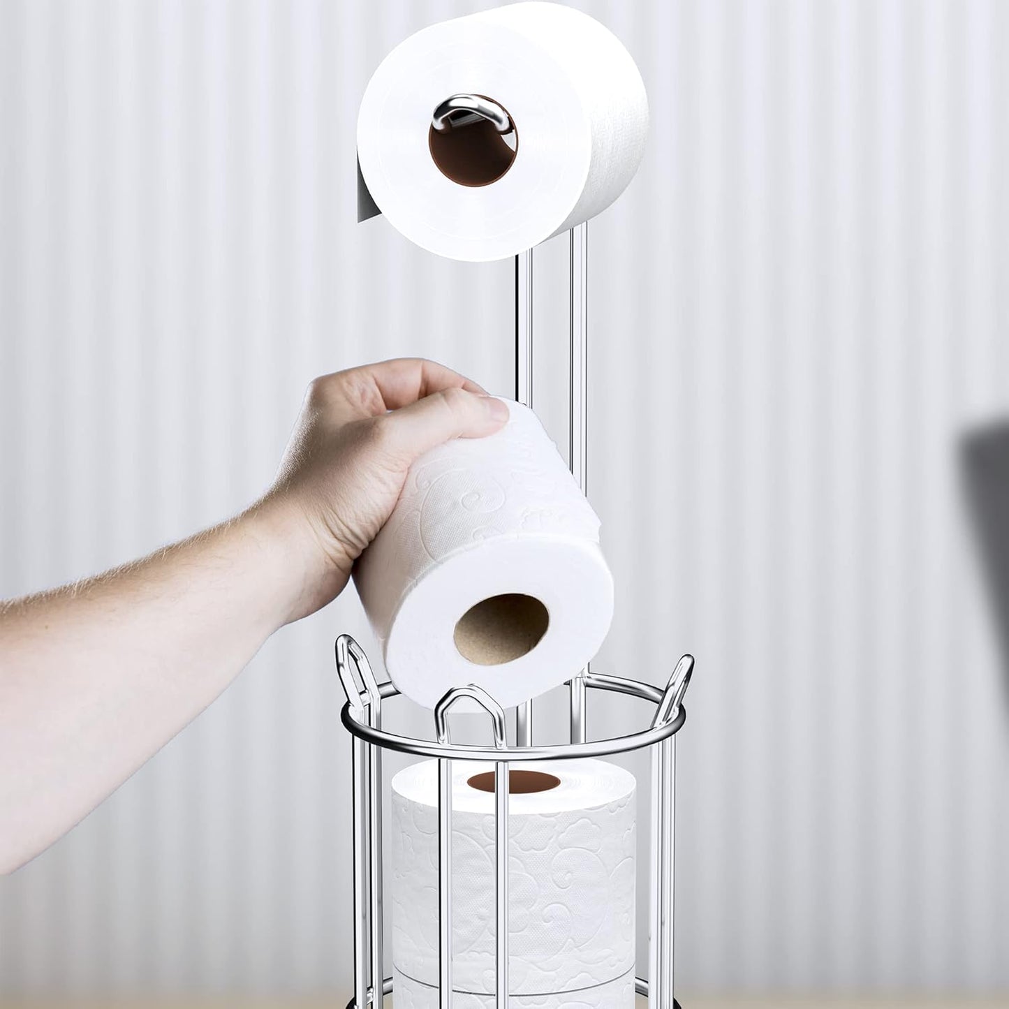 Meangood Toilet Paper Holder Stand - Free Standing Tissue Roll Dispenser for 4 Mega Rolls | Silver Metal Design
