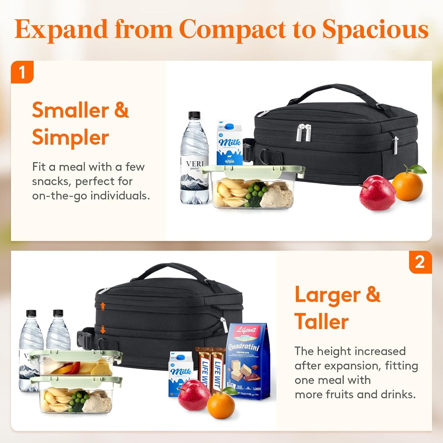 Lifewit Insulated Lunch Box - Expandable Cooler Bag with Ice Packs & Shoulder Straps | 8.2L Black