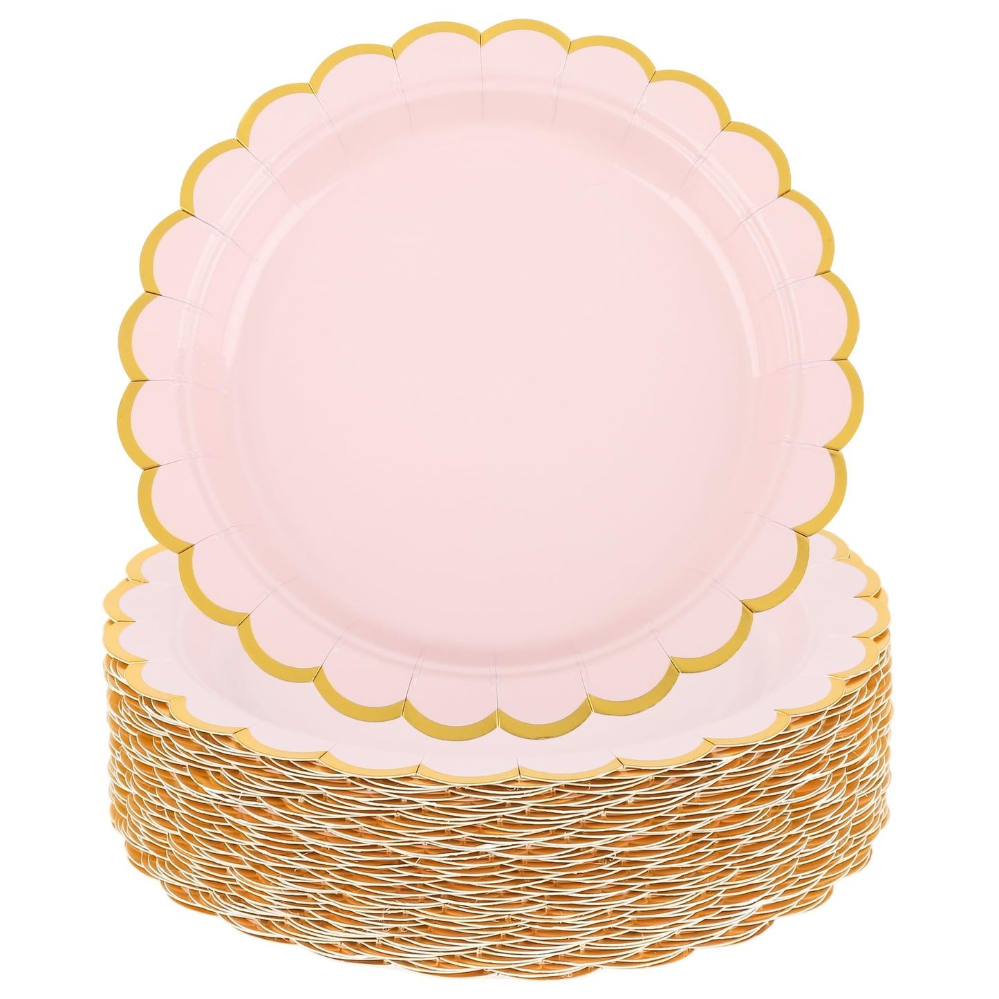 AimFun Pink Disposable Dessert Party Plates 7inch Gold Foil Scalloped Paper Plate for Valentines Day Bridal Baby Shower Wedding Tea Party Supplies