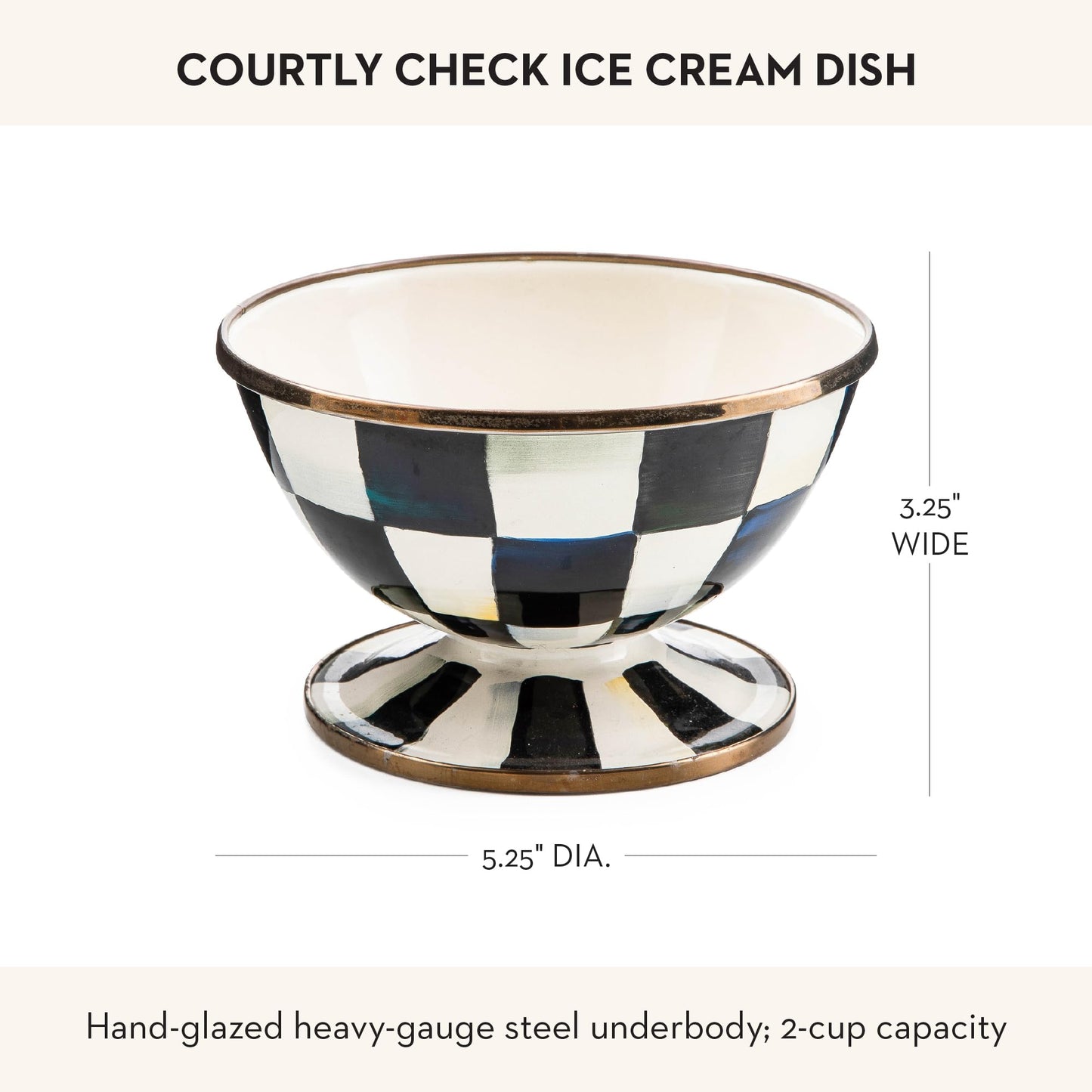 MACKENZIE-CHILDS Enamel Ice Cream Bowl, Serving Bowls for Entertaining, 2-Cup Capacity, Gray-and-White Sterling Check