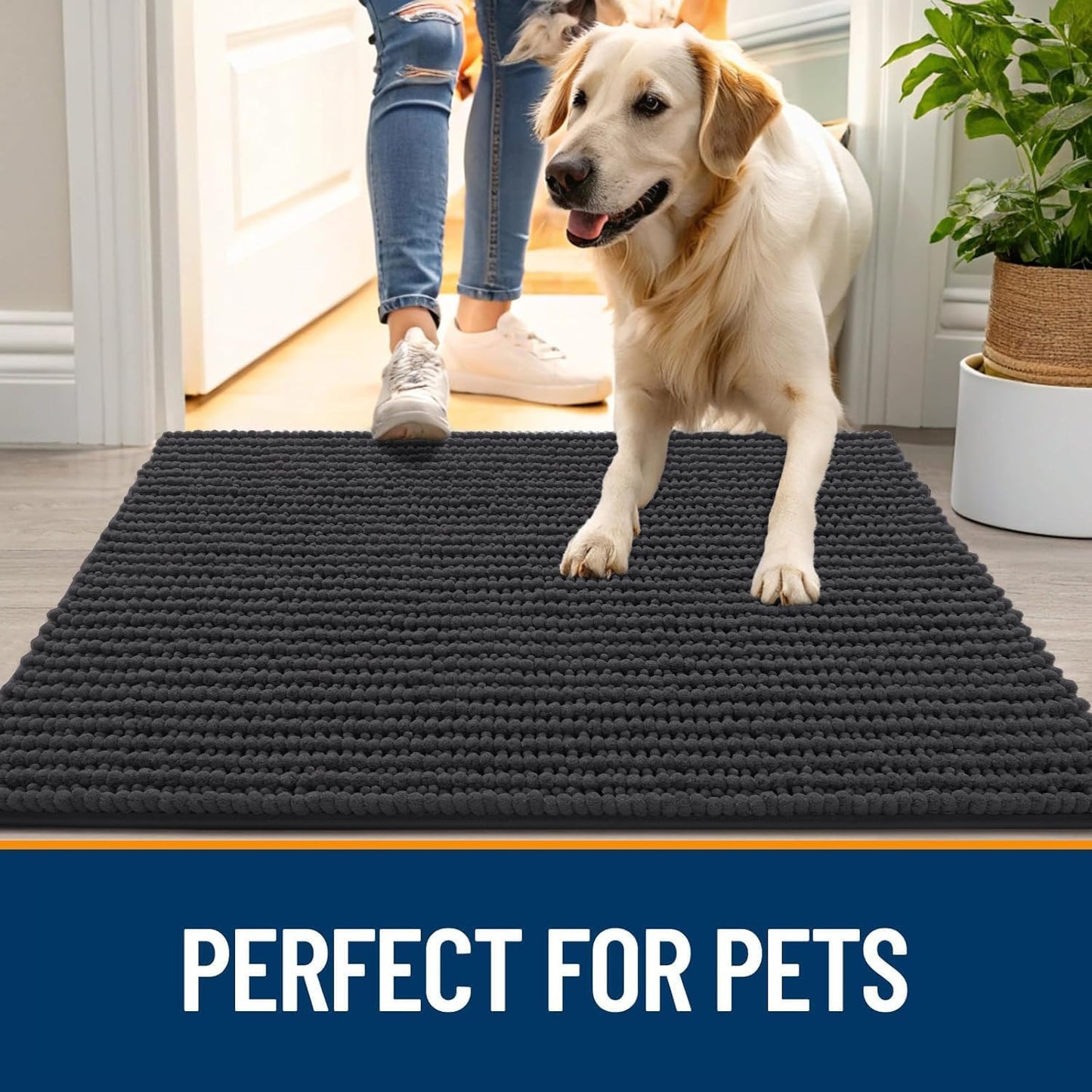 OLANLY Dog Door Mat - Ultra Absorbent Chenille Mud Doormat | Non-Slip & Washable 30x20, Dark Grey