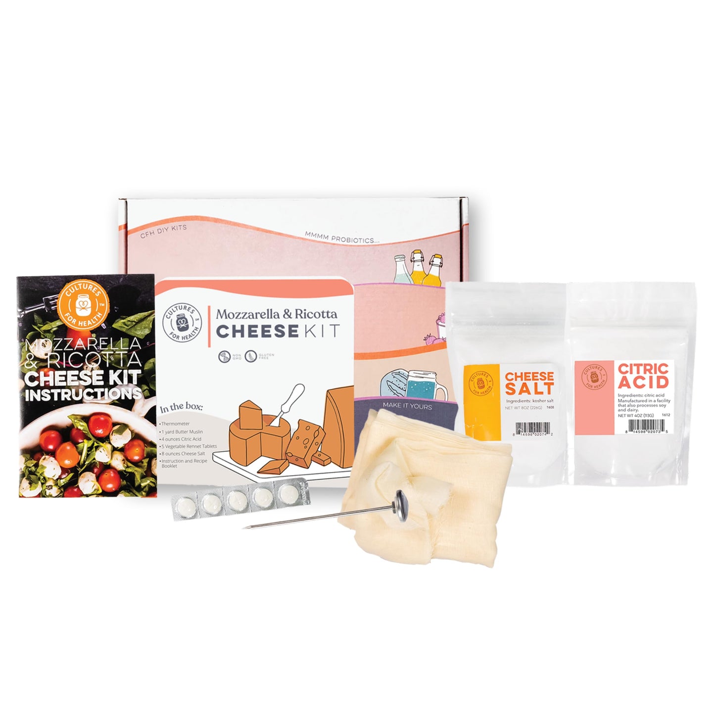 Mozzarella & Ricotta Cheese Making Kit | 5 Piece DIY Kit Includes Cheesecloth, Vegetable Rennet, Citric Acid, Cheese Salt, & Cooking Thermometer | Great Gift Ideas | Italian Cheese Making Supplies