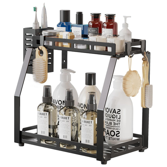 USHARP Bathroom Organizer Countertop, 2 Tier Bathroom Counter Organizer Rack for Toiletries, Bathroom Organizer Storage Caddy, Standing Vanity Shelf Tray, Sturdy Metal Black, Medium 12.1''L x 7.6''W