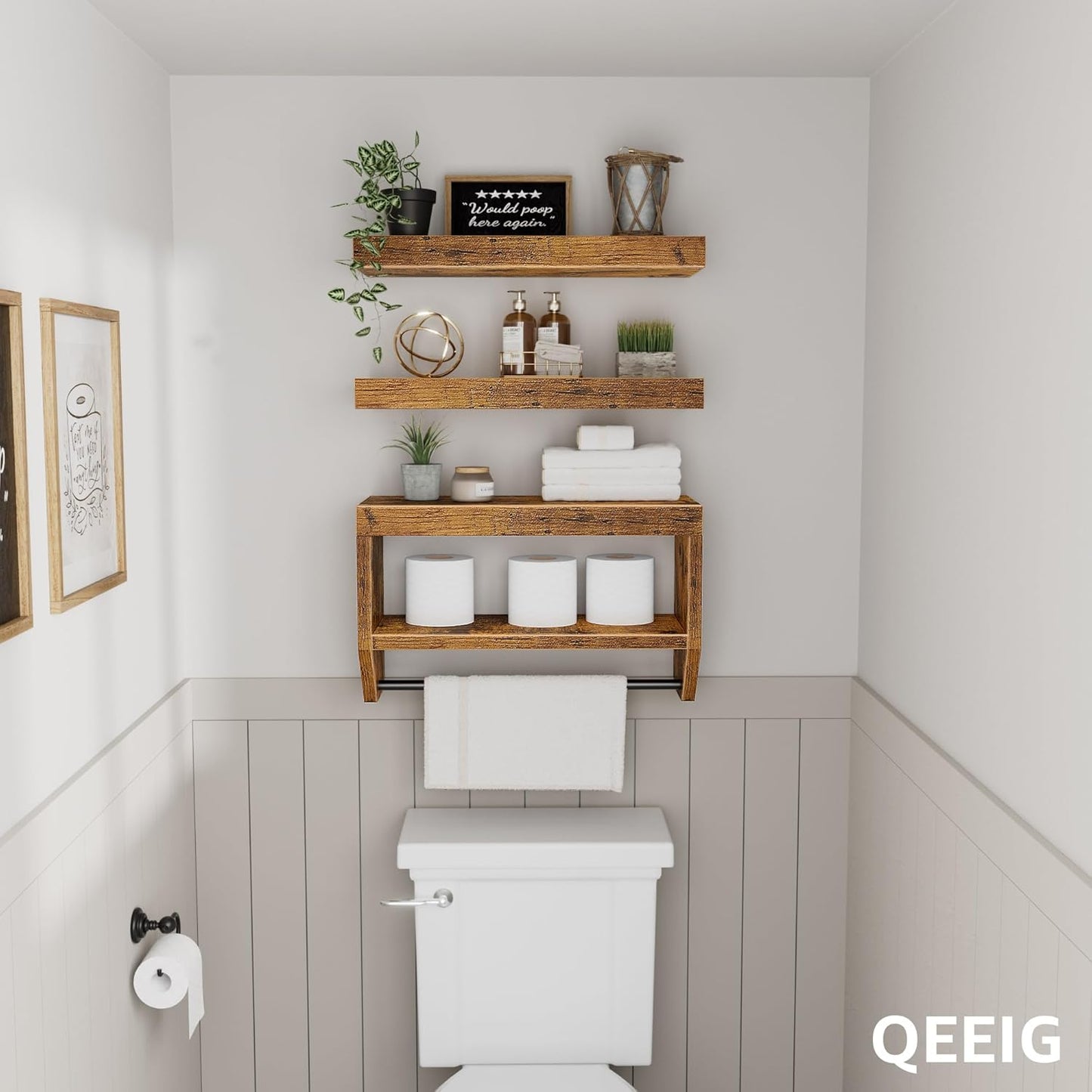 QEEIG Floating Bathroom Shelves - Rustic Brown Wall Storage Set of 3 | 16 Inch Over Toilet Solution