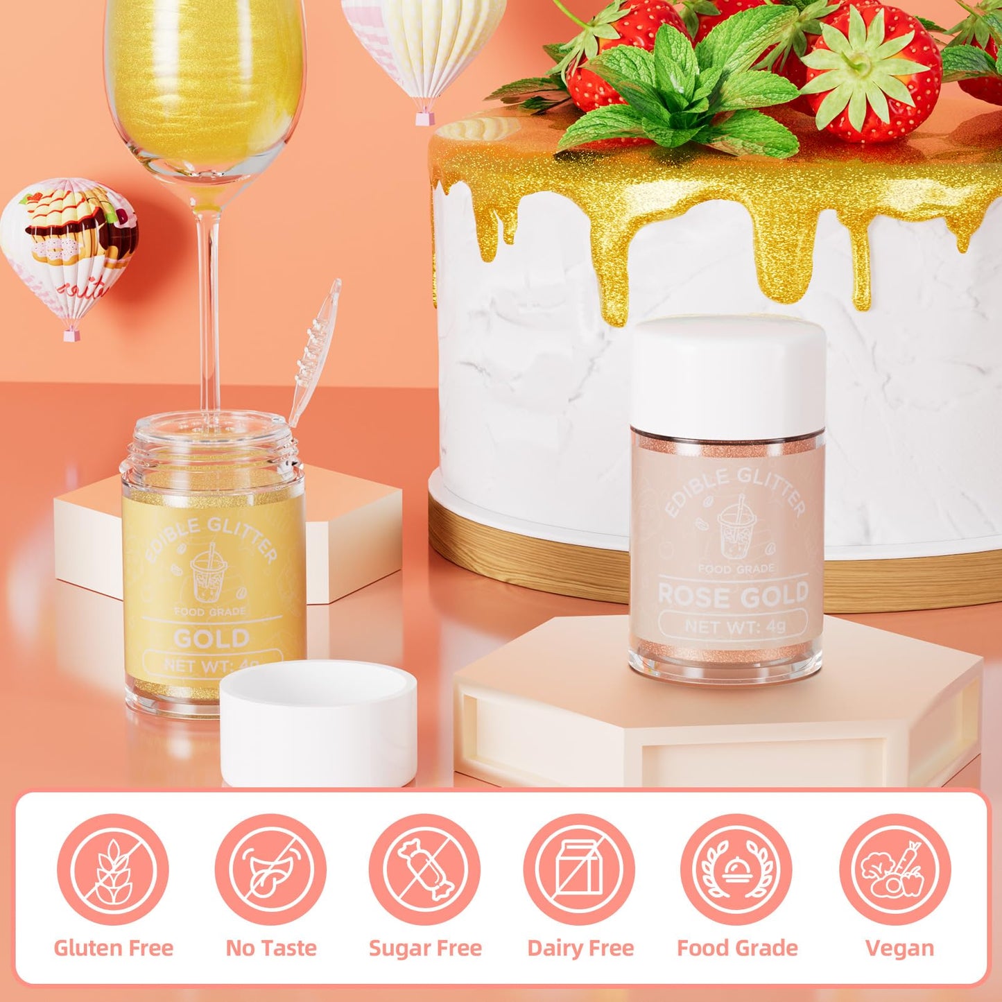 Cherrysea 2 Colors Edible Glitter Set Gold & Rose Drink Shimmer Powder Gluten Free Edible Glitter for Drinks Cocktails 4g/Bottle