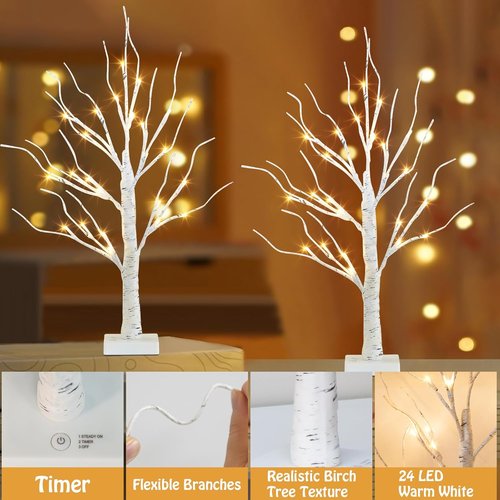 EAMBRITE Lighted Birch Tree - 24 LED Mini Tabletop Easter Decorations | 2FT Battery Operated White Trees