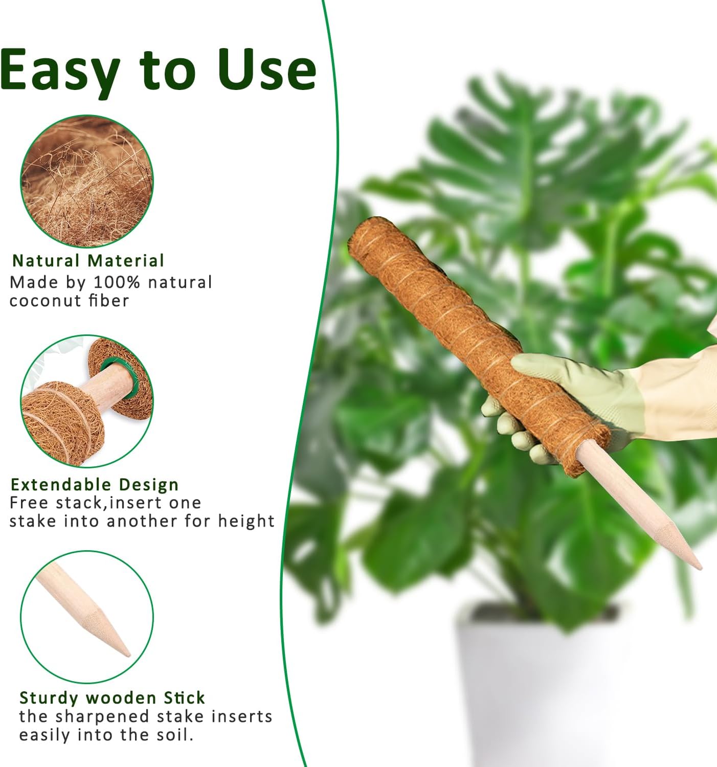 Moss Pole 4-Pack | 17-Inch Monstera Plant Support - Stackable Coir Stakes for Indoor Climbing Plants