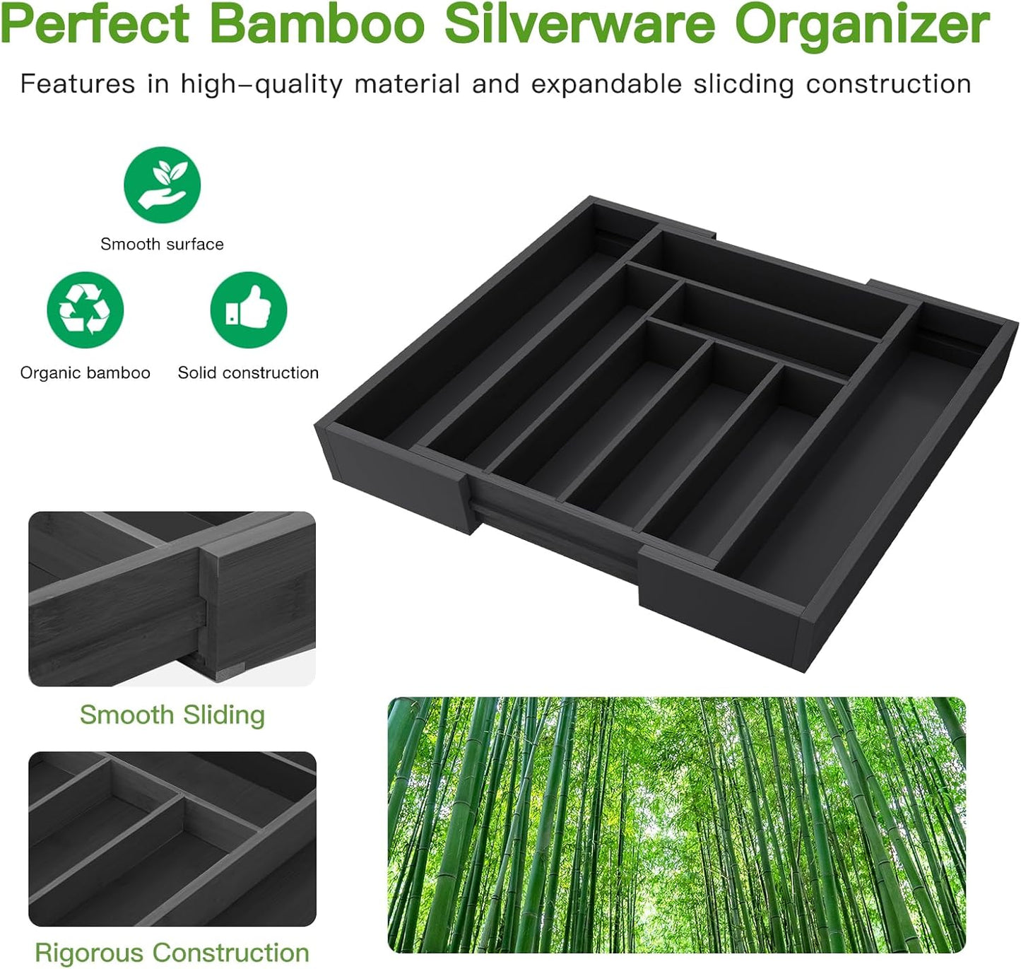 Pipishell Bamboo Drawer Organizer - Adjustable Utensil Holder & Cutlery Tray | Black Wood Dividers for Kitchen & Home