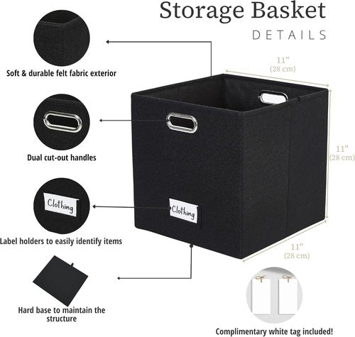 DECOMOMO Black Storage Bins - 11-Inch Cube Felt Baskets with Labels | Set of 6 for Organizing