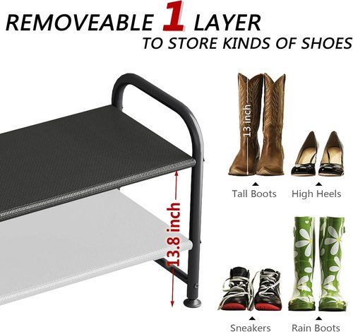 INGIORDAR Shoe Rack - 2-Tier Metal Organizer for Closet & Entryway - Wide Black Storage Solution
