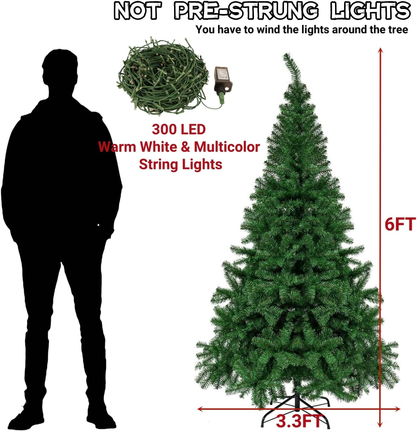 Juegoal 6-Foot Artificial Christmas Tree - 300 LED Warm White & Color Changing Lights | Durable Metal Legs, 850 Tips