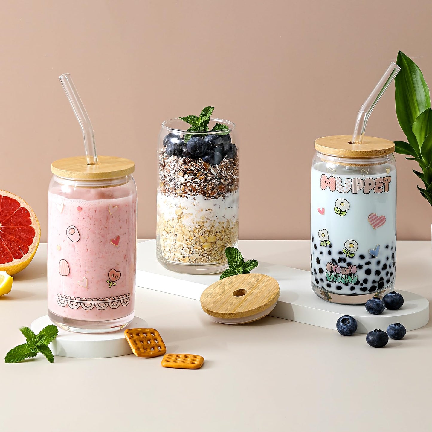 [ 6pcs Set ] Glass Cups with Bamboo Lids and Glass Straw - Beer Shaped Drinking Glasses, 16 oz Iced Coffee Glasses, Cute Tumbler Cup for Smoothie, Boba Tea, Whiskey, Water - 2 Cleaning Brushes