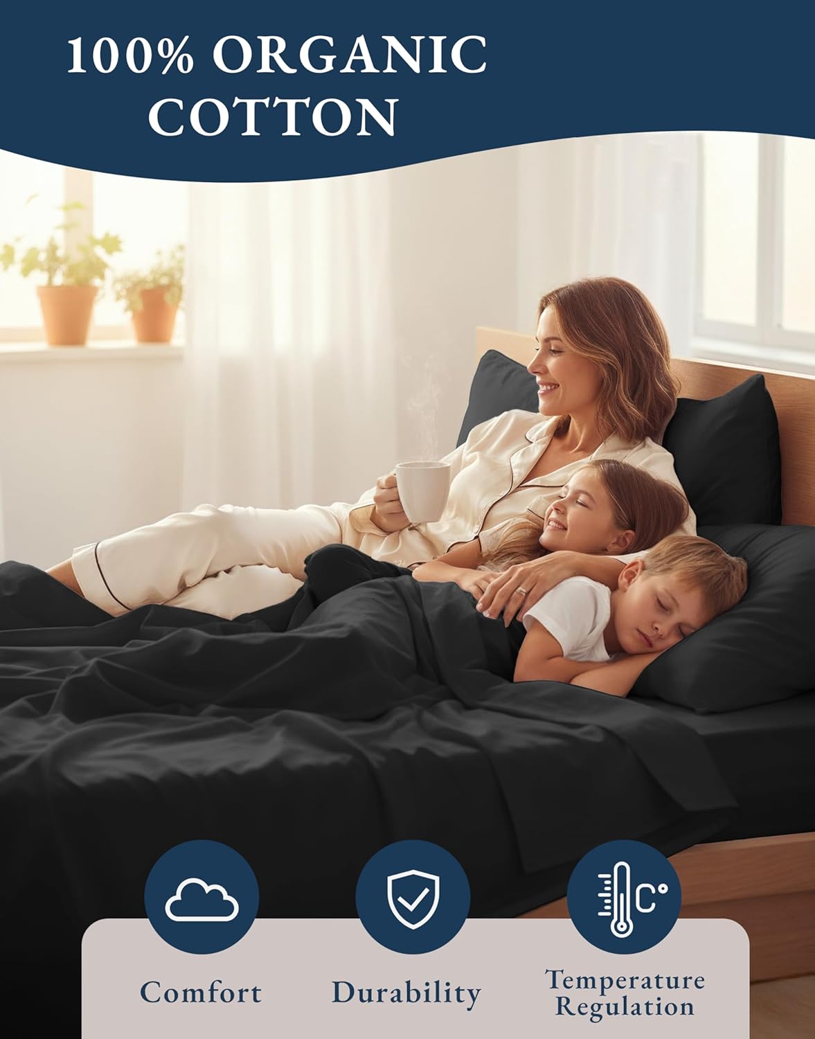 LANE LINEN King Size Organic Cotton Bed Sheets - Soft, Comfy Percale Bedding Set | Black Color