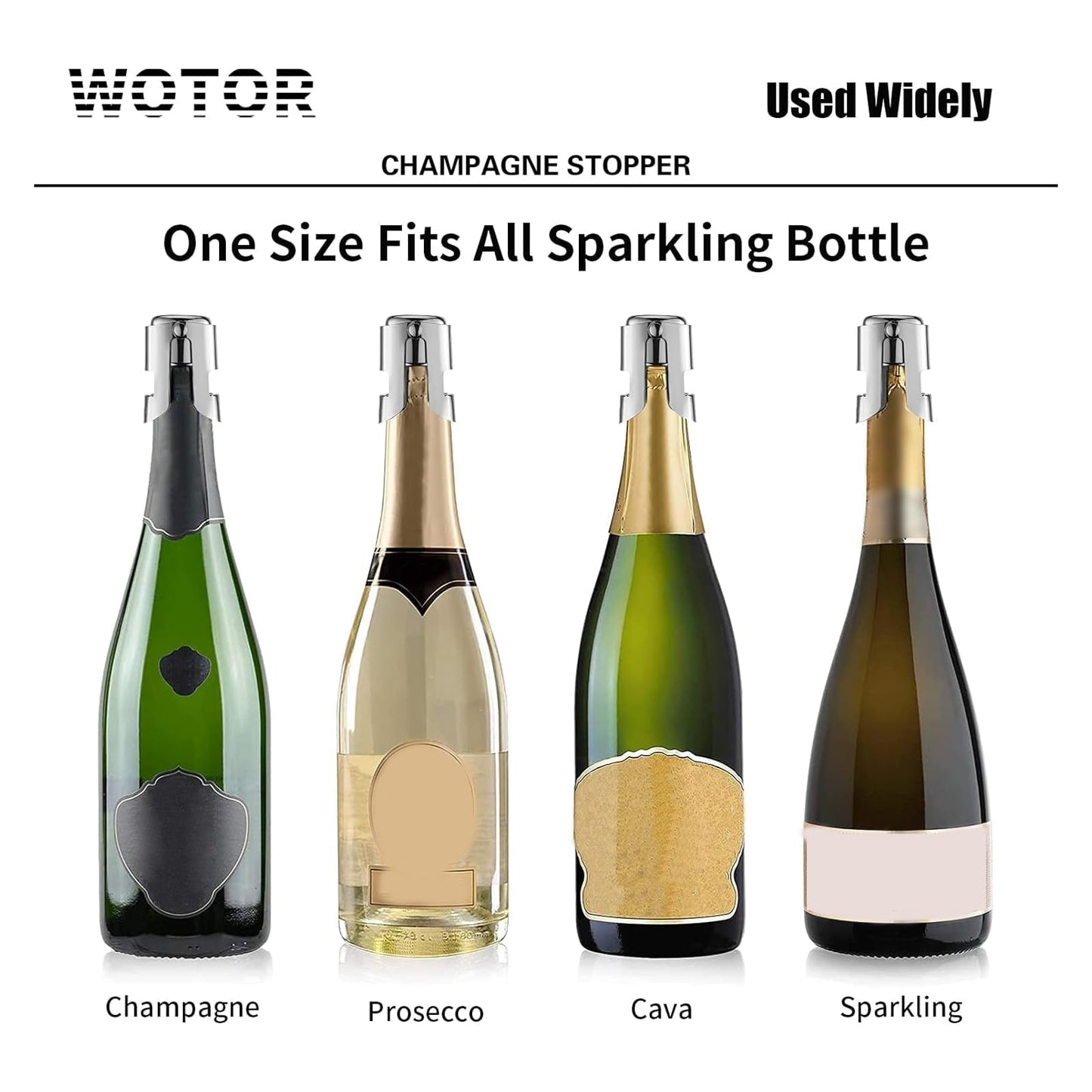 WOTOR Champagne Stoppers Stainless Steel, Prosecco Bottle Stopper with Food Grade Silicone, Reusable Champagne Cork & Saver, Leak proof Keep Fresh (Silver, 2 Pack)