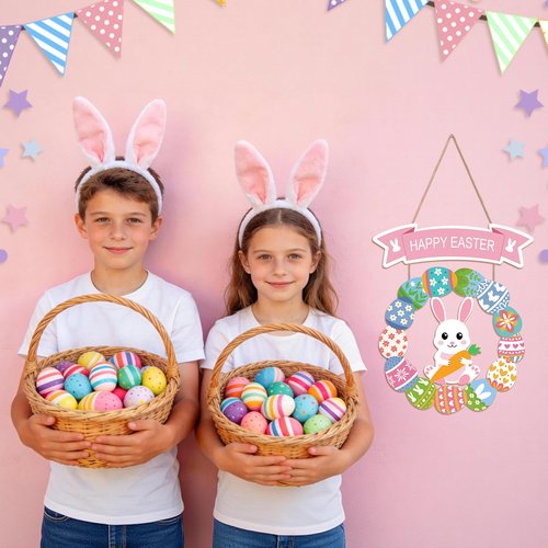 Easter Decorations for Front Door, Wooden Hanging Bunny Egg Wreath, Happy Easter Porch Welcome Sign for Home Wall Spring Party Housewarming Gift(Easter Bunny)