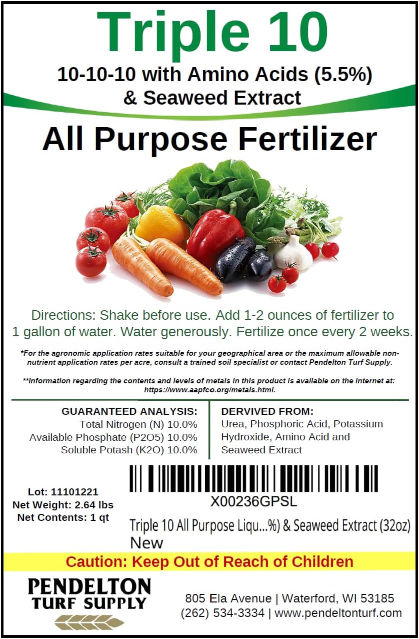 Triple 10 All-Purpose Liquid Fertilizer - 10-10-10 Formula with Amino Acids & Seaweed Extract | 32oz